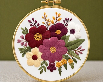 Patrón de bordado a mano en PDF: Ramo de flores color burdeos, diseño floral campestre, ideal para principiantes.