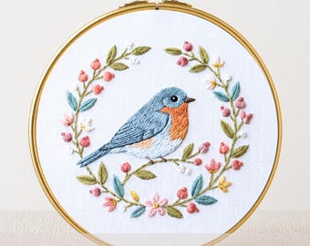 Floral Wreath Bird Embroidery Pattern: Beginner Design (PDF)
