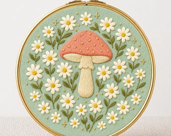Toadstool & Daisy Hand Embroidery Pattern: Whimsical Garden Art (PDF Downloadable Design, 6 Sizes)