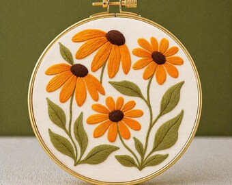 Patrón de bordado Black Eyed Susan en PDF, descarga instantánea, apto para principiantes, ideal para el verano. Diseño botánico de flores amarillas para bordado en aro. Archivo imprimible para bordado.