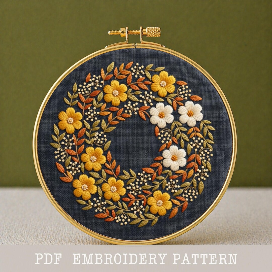 Wildflower Wreath Embroidery Pattern PDF Gold Digital Download Beginner ...