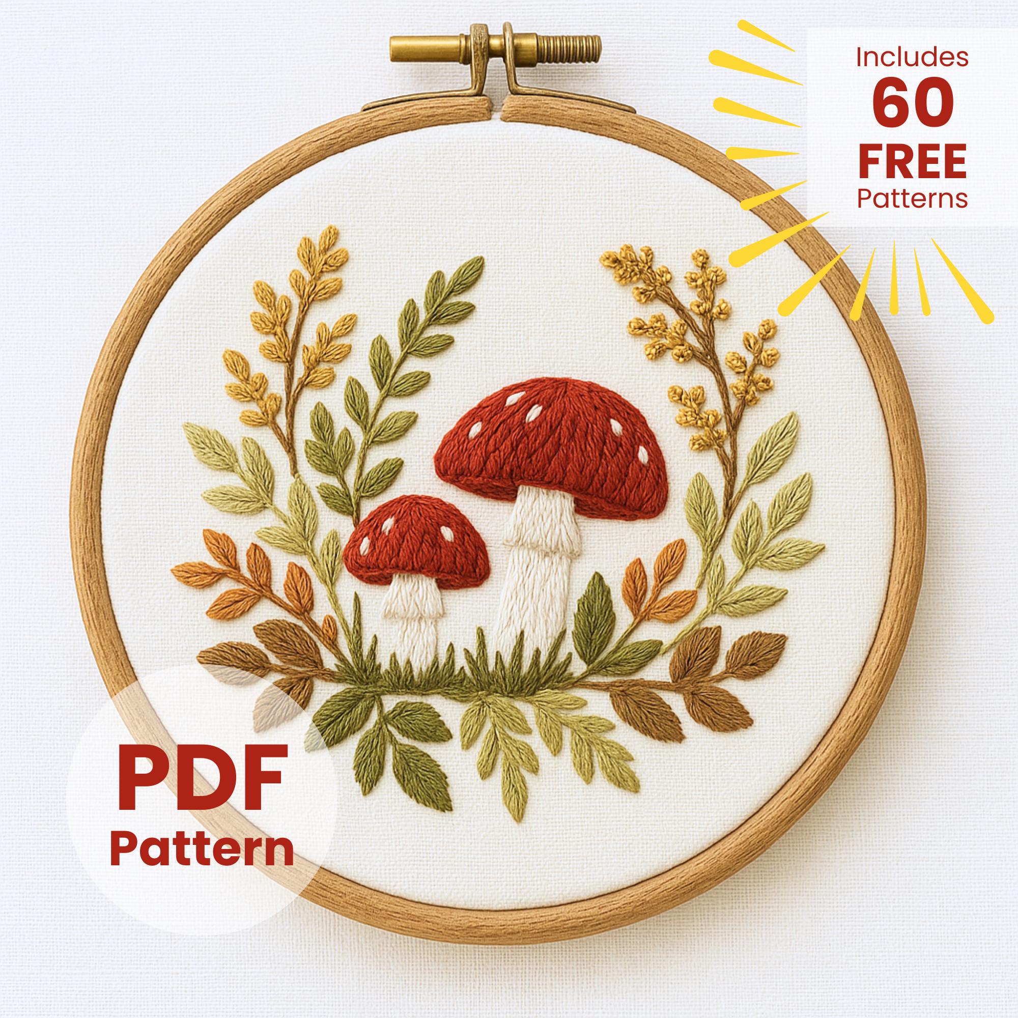 きのこの刺繍パターン：気まぐれな秋の森のデザイン（PDFダウンロード