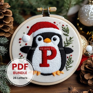 Alfabeto de pingüinos, patrón de bordado de pingüinos, pingüino navideño, diseños de bordado, fuentes de bordado, apto para principiantes, letra P única