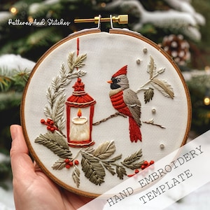 CHRISTMAS CARDINAL Embroidery template, Bird Hoop Art , Embroidery PDF Pattern, Winter embroidery pattern, Christmas tree ornament, hoop art