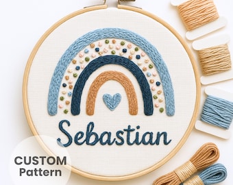 Custom Name Hand Embroidery Pattern Blue Rainbow Design PDF Pattern