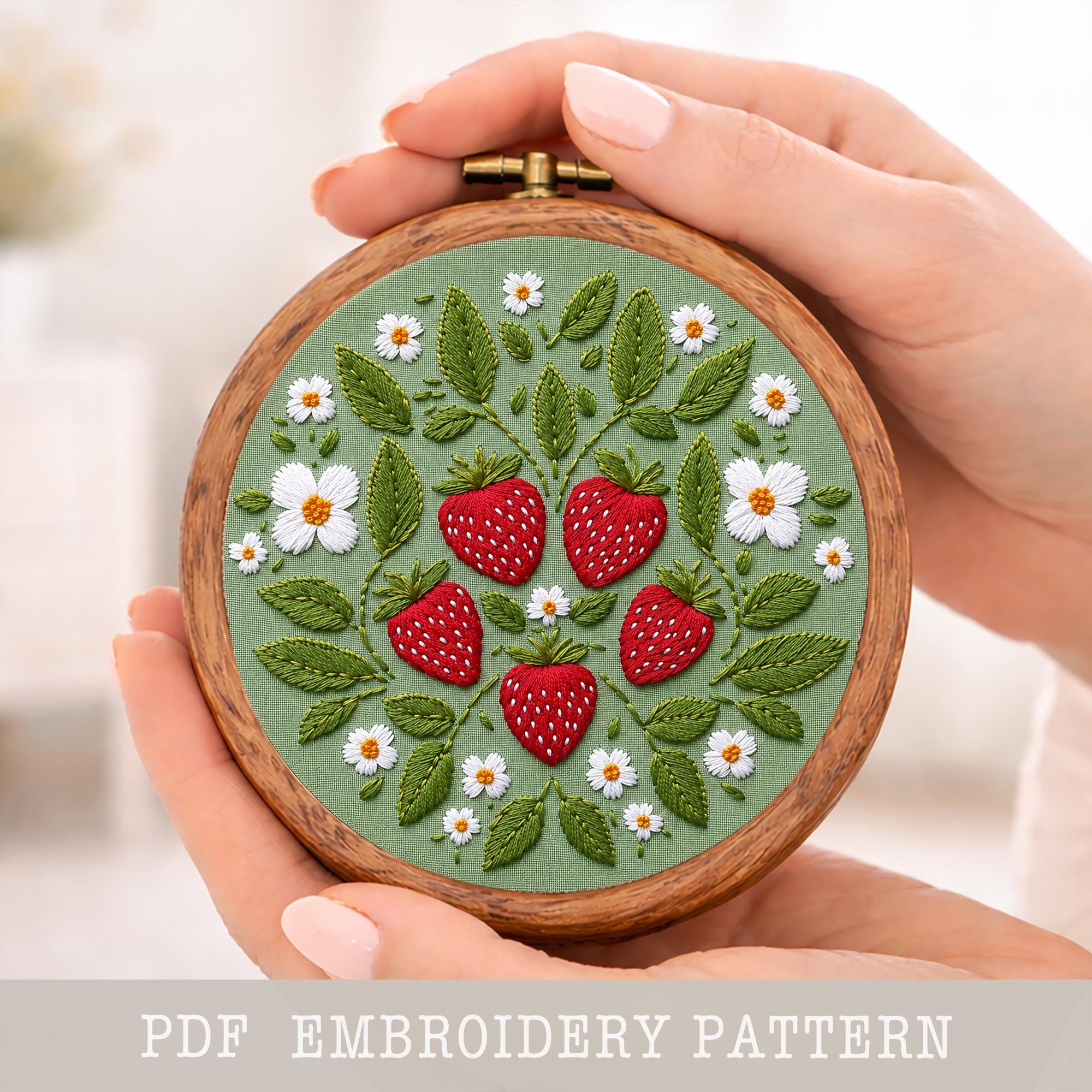野生イチゴの手刺繍パターン：花柄フルーツデコレーション（PDF