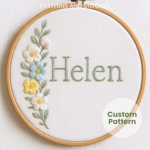 Custom name embroidery PDF pattern, pastel flowers, floral hoop, printable design, baby girl wall art, hand embroidery, printable name gift