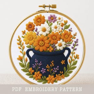 魔女の大釜刺繍パターン：花柄の秋デザイン、ニードルポイント（PDFダウンロード、6サイズ）