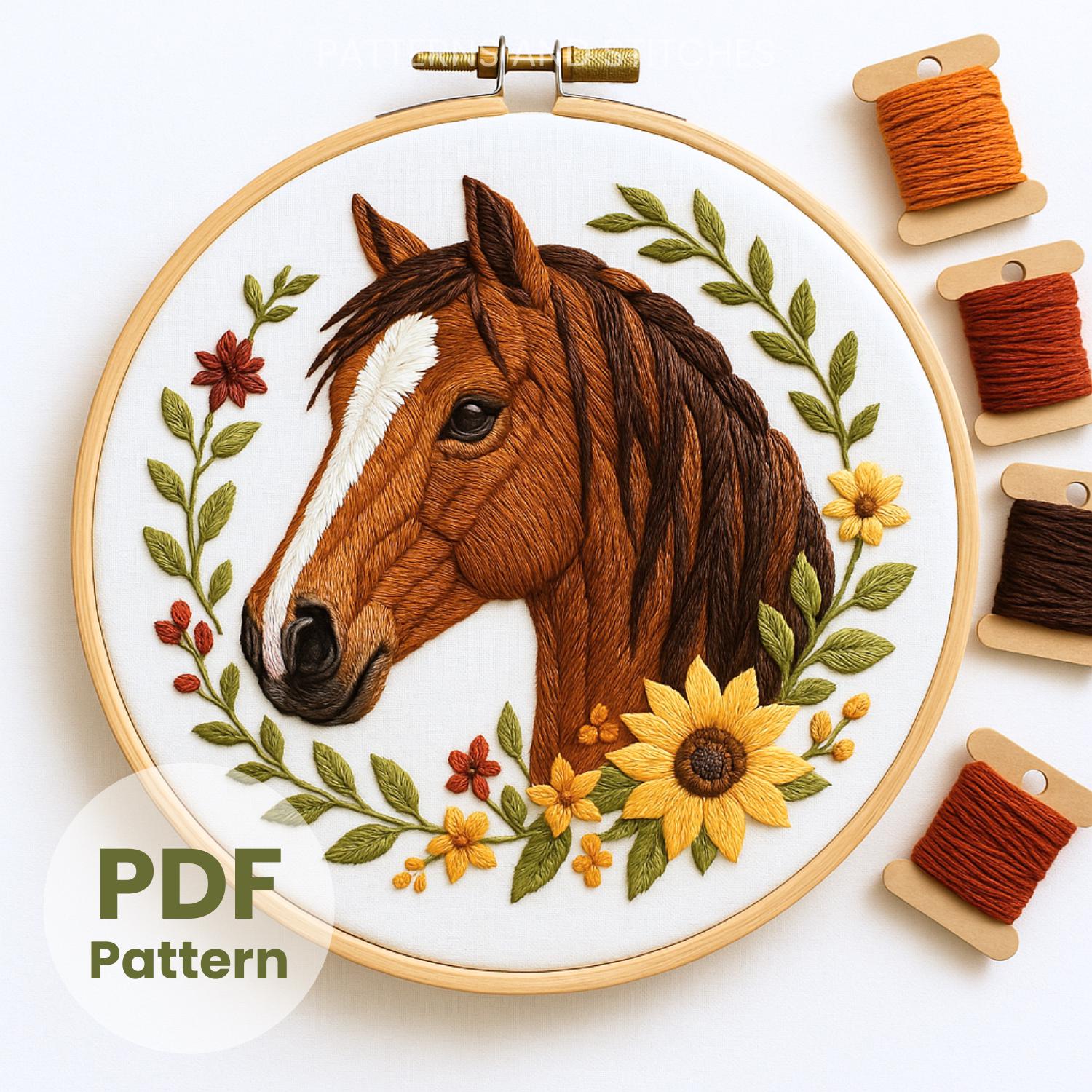 Floral Horse Hand Embroidery Pattern: Farm Animal Design (PDF Pattern ...