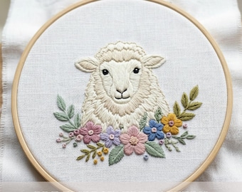 羊の刺繍パターン、初心者向けファームハウス装飾（PDFダウンロード