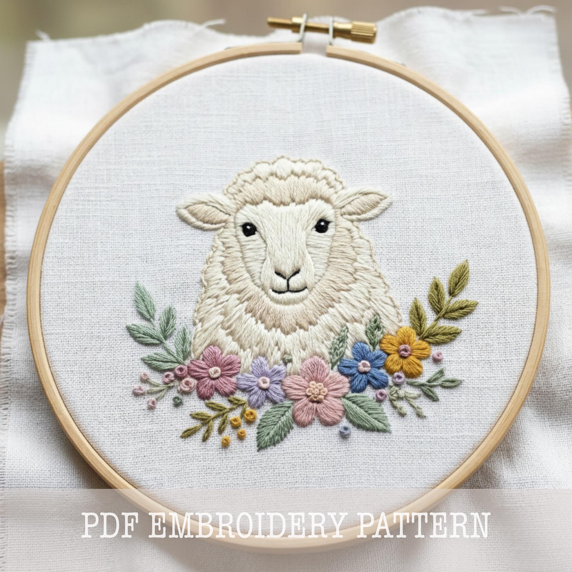 羊の刺繍パターン、初心者向けファームハウス装飾（PDFダウンロード
