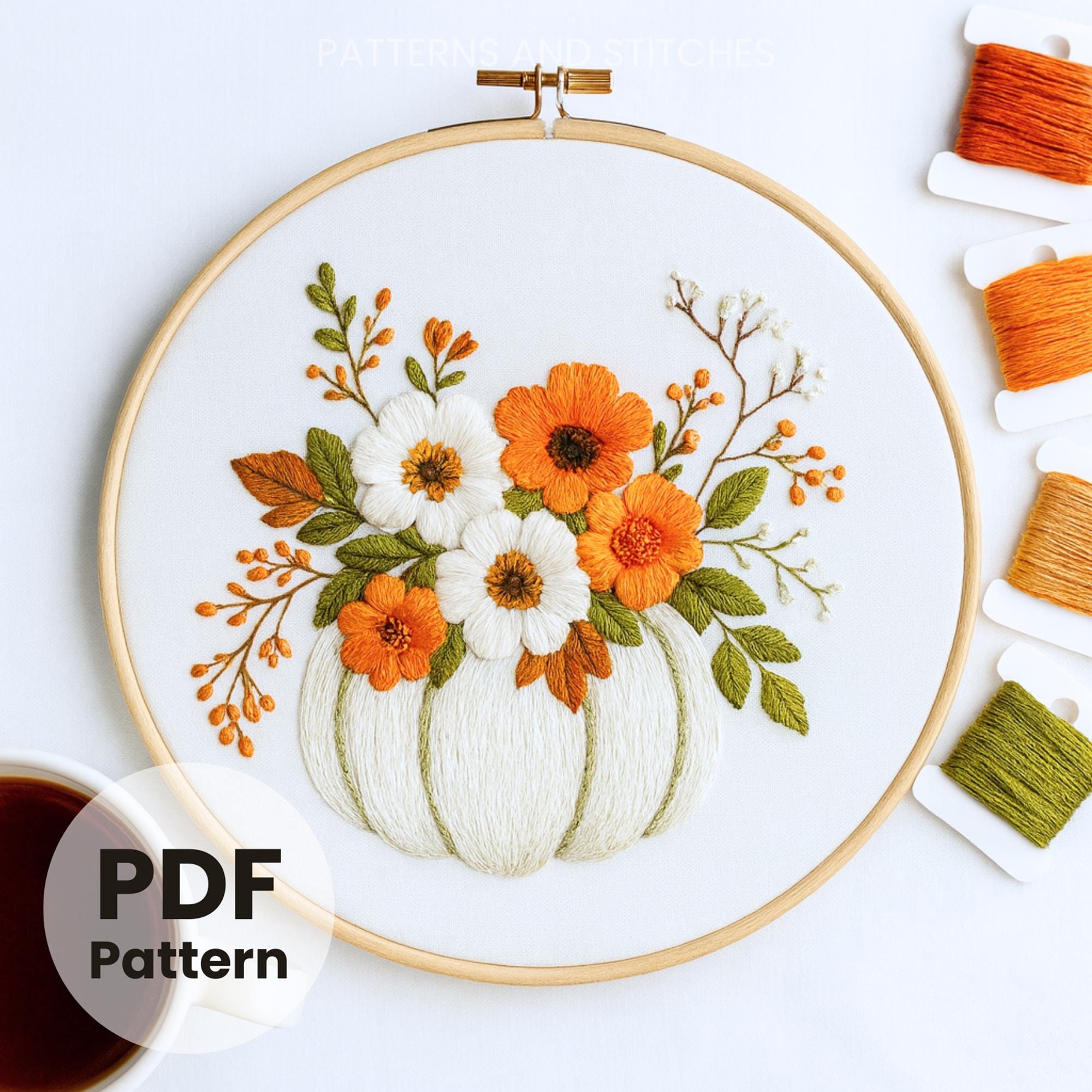 Floral White Pumpkin Hand Embroidery Pattern (PDF) - Etsy