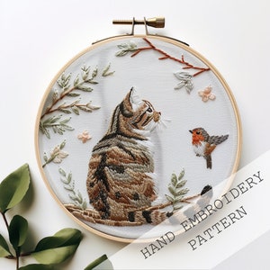 Cat and bird Embroidery, Cute Cat Embroidery, Cat Lover Gift,  Modern Cat Embroidery, spring garden, spring decor, DIY cat silhouette design