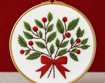 Holly Berry Christmas Embroidery Pattern: Floral Winter Design (PDF Download)