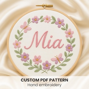 Custom Name Embroidery Pattern PDF, floral wreath download, personalized hoop art template, hand embroidery, digital file, DIY nursery decor