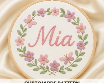 ピンクのバラの刺繍パターン：カスタムネームの花柄デザイン 6インチ