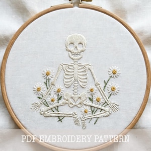 Skeleton Daisy Embroidery Pattern PDF Digital Download Beginner Friendly Boho Halloween Hoop Art Floral Gothic Wall Art Needlework