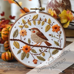 Cute Bird Hand Embroidery Pattern, Bird Needle painting for Beginners, Colorful Bird Pattern, Instant Download, autumn craft, DIY fall decor