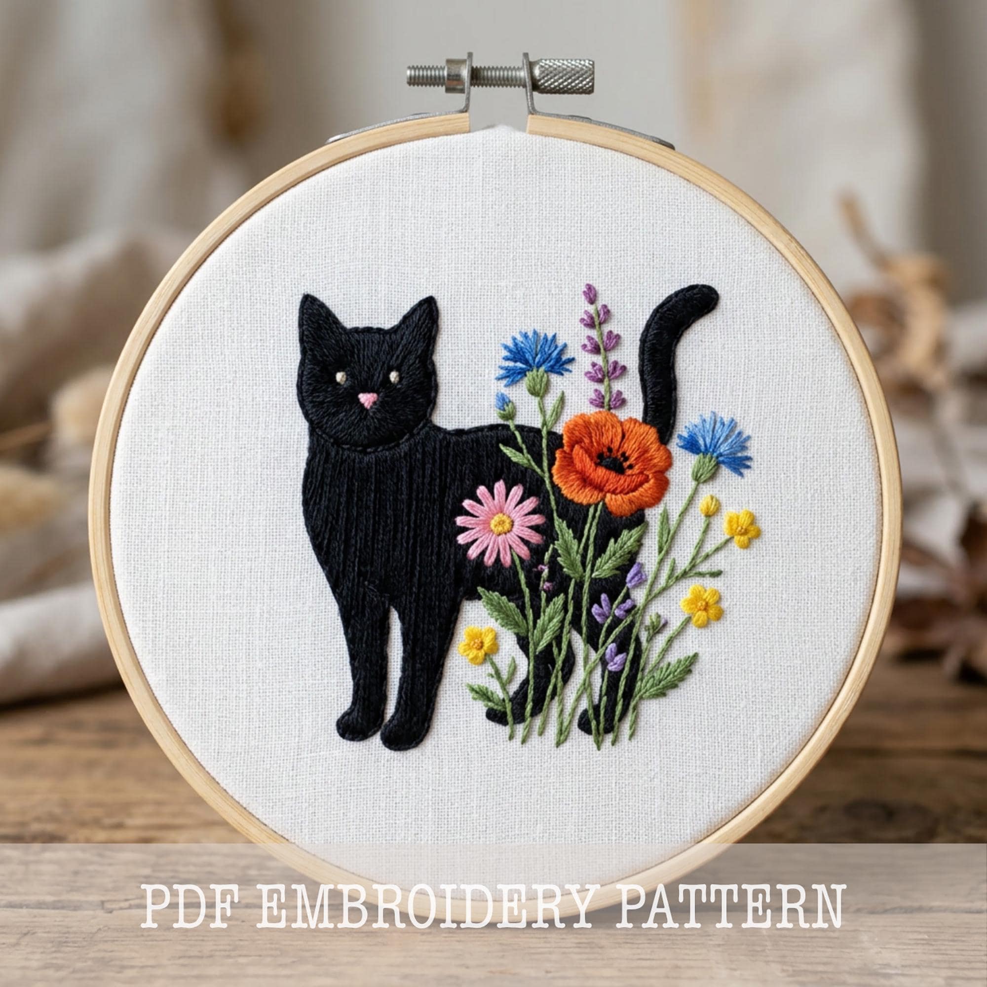 黒猫の刺繍パターン PDF 即時ダウンロード ワイルドフラワー フープ