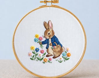 Floral Peter Rabbit Embroidery PDF Rainbow Wildflower Basket Hoop Art Joyful Nursery Spring Decor Grandma Hobby Printable Instant Download