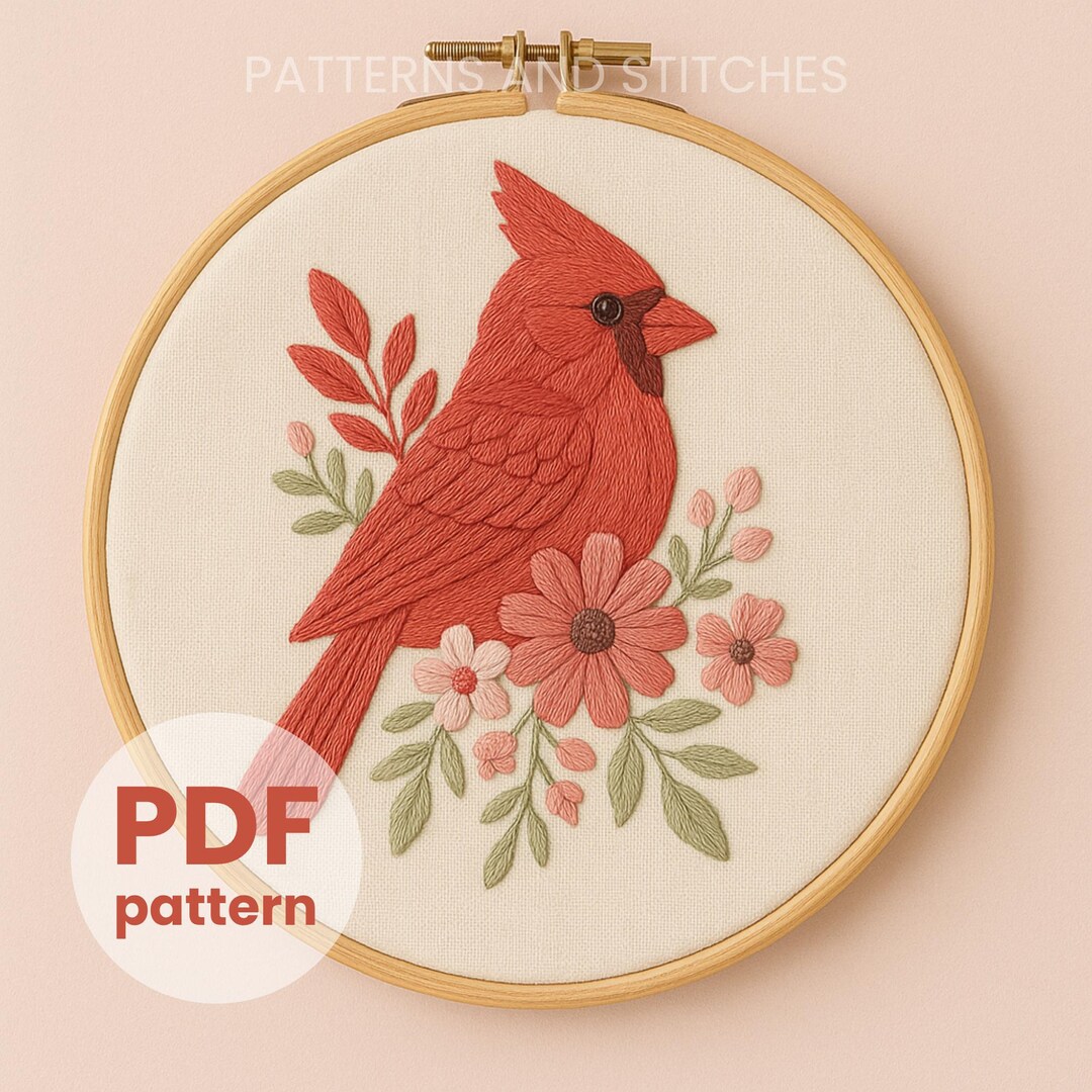 Red Cardinal Embroidery Pattern, PDF Pattern, Floral Bird Art for ...