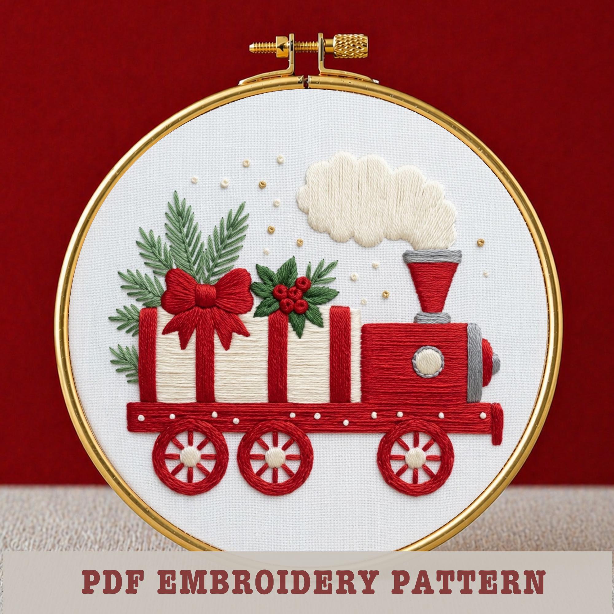 クリスマス列車の刺繍パターン2点セット：ヴィンテージホリデーフープ