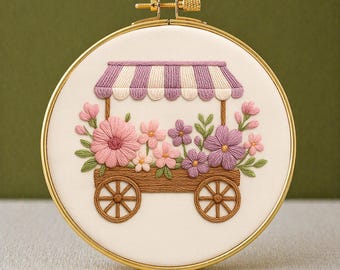 Patrón en PDF, Flores frescas, Carro de flores, Soporte floral para bordado, Manualidades de bordado para principiantes, Bordado DIY, Bordado a mano