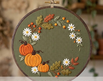 Autumn Wreath Embroidery Pattern PDF Digital Download Pumpkin Daisy Floral Hoop Art Beginner Friendly Hand Stitch Design Fall Wall Decor DIY