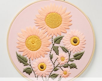 Pink Sunflower Embroidery art, Sunflower Pdf Pattern, Floral Embroidery Pattern PDF, Embroidery Pattern, Floral Embroidery, DIY Embroidery