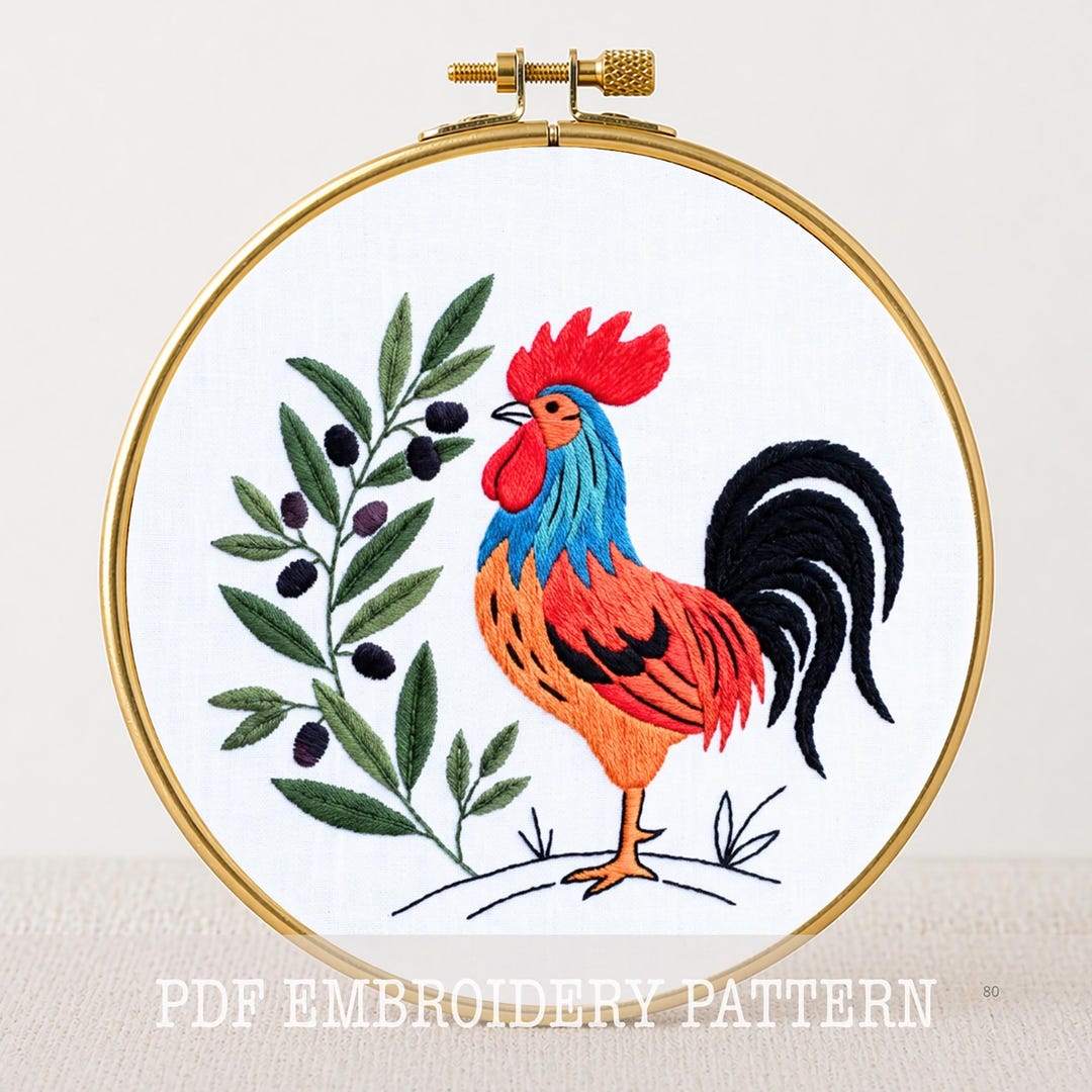Floral Rooster Hand Embroidery Pattern: Rustic Farmhouse Decor (PDF ...