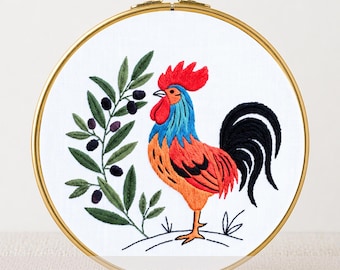 Floral Rooster Hand Embroidery Pattern: Rustic Farmhouse Decor (PDF Pattern)
