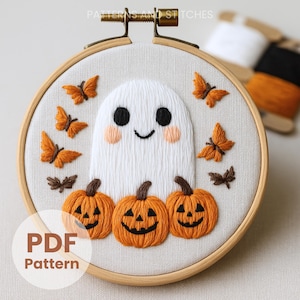 Geist mit Kürbissen Hand Stickmuster, Retro Halloween (PDF-Muster)