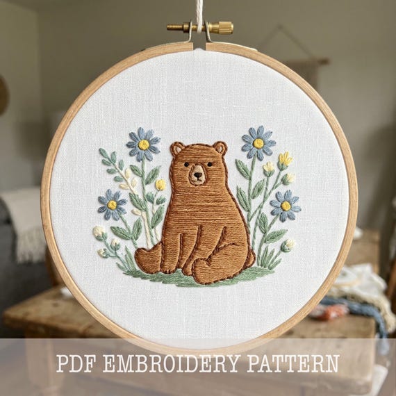 森のクマの刺繍パターン：動物の刺繍デザイン、刺繍枠装飾（PDF