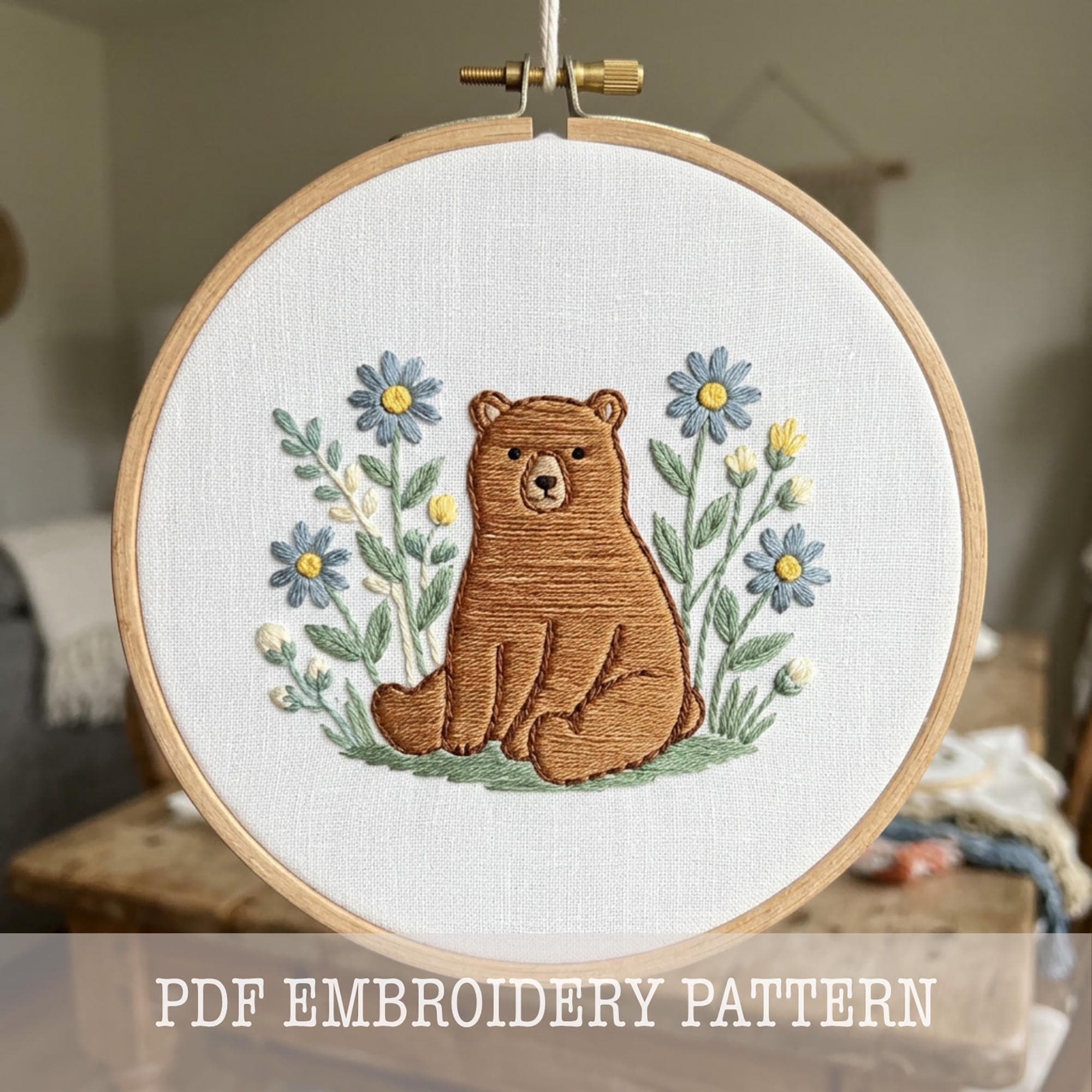 森のクマの刺繍パターン：動物の刺繍デザイン、刺繍枠装飾（PDF