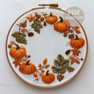 Pumpkin wreath Hand embroidery template, Embroidery pattern, Autumn Embroidery design, Beginner embroidery template, Creative embroidery art