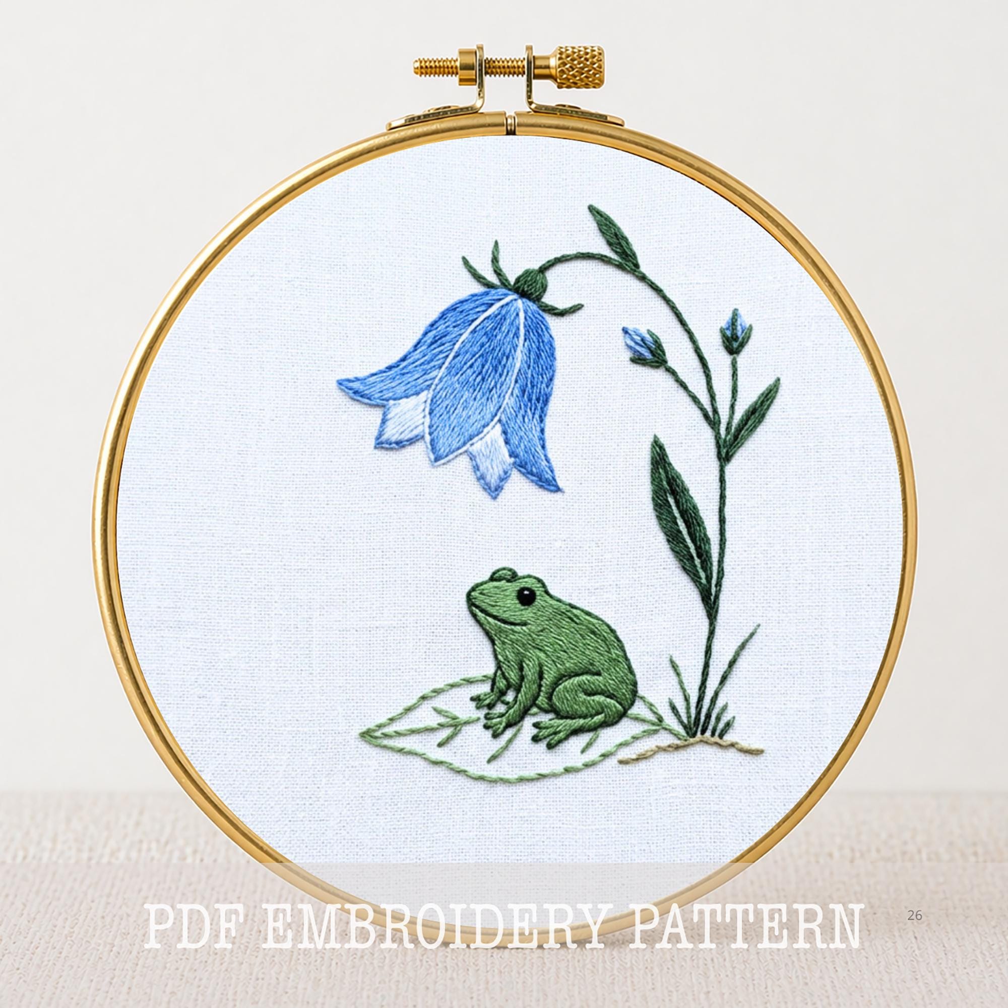 花柄のカエルの手刺繍パターン：コテージコア風フープアート、簡単 