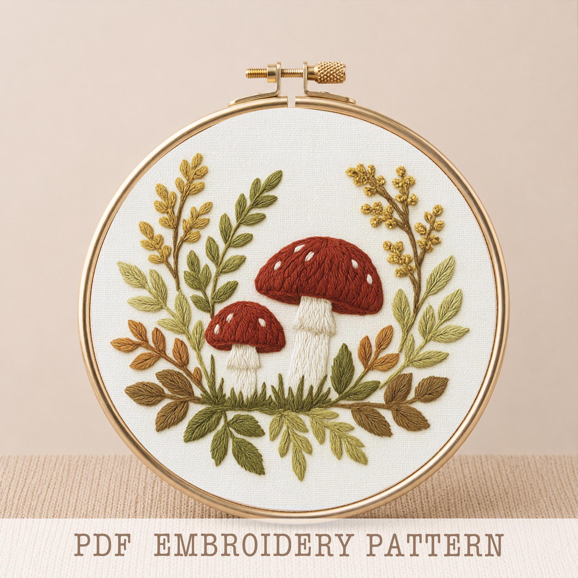 キノコの刺繍パターン：幻想的な秋の森のデザイン（PDFダウンロード