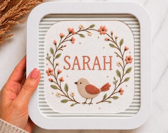 Personalized Boho Floral Name Embroidery Hoop: Boho Decor Gift, bird lovers gift, nursery decor, kids room wall art, printable template