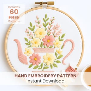 Teapot Blooms Embroidery Pattern: Floral Tea Design, digital file (PDF Download, 6 Sizes)