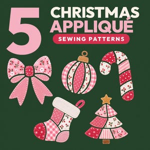 Christmas Applique Sewing Pattern Bundle • Bow Ornament Candy Cane Stocking Tree • Patchwork Scrapbuster PDF Template + SVG Cricut