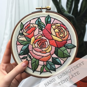 Stained Glass Roses bouquet, Roses Embroidery template, DIY Digital Download, PDF Pattern, DIY Stained Glass, Hand Embroidery, spring crafts