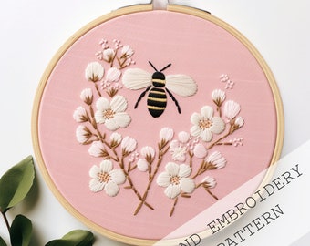 Cherry Blossom Bee Embroidery Pattern: Spring Floral Design, DIY decor (PDF)