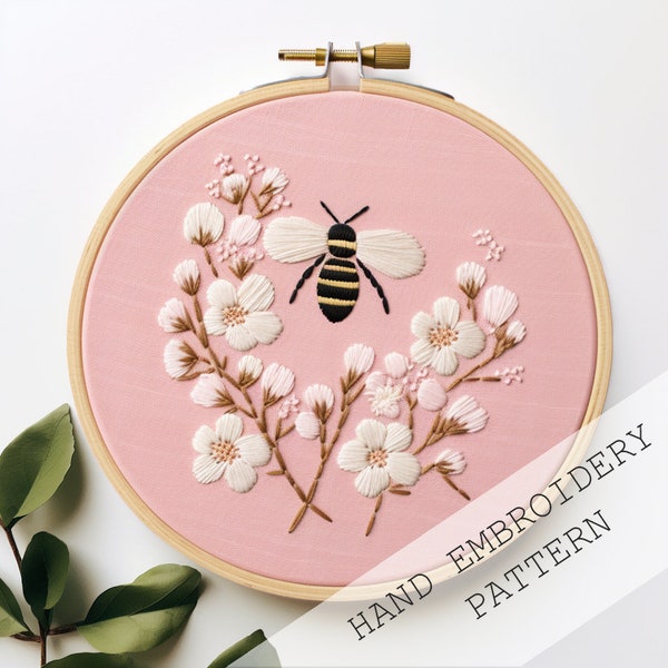 Cherry Blossom Embroidery Pattern, Bee garden Pattern, Flower Pattern, Floral Embroidery, Hand Embroidery, Spring Embroidery, Bee embroidery