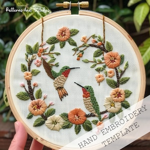 Hand Embroidery Pattern, Hummingbird, pdf pattern, beginner thread painting, diy embroidery art, bird embroidery, ruby throated Hummingbird