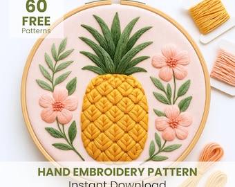 Tropical Embroidery Pattern, PDF Download, Cute pineapple DIY, Fruit Embroidery art, Pineapple Embroidery, Kitchen Decor, Crafts For Adults