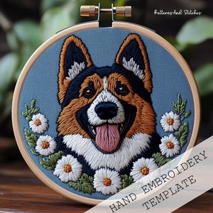 German Shepherd Hand Embroidery Pattern, Shepherd Dog, Dog Embroidery, Pet Embroidery, Cute Dog, Hand Embroidery Pattern, Daisies embroidery