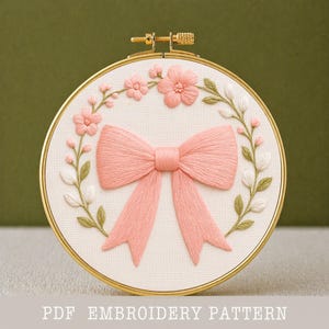 Pink Bow Embroidery Pattern: Coquette Hoop Art, idea gift (PDF Downloadable Template)