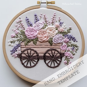 Rosen Blumen Warenkorb Muster, wunderliche rosa Handstickerei, Lavendel Wohnkultur, Pastell Stickerei Blumenkunst, DIY Frühling Handwerk