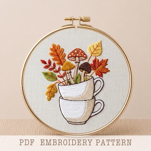 Patrón de bordado de otoño: Tazas, calabazas, setas (descarga en PDF, 6 tamaños)