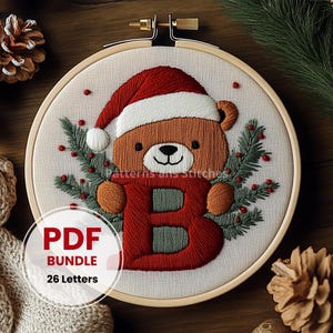 Bordado de alfabeto de urso, urso de Natal, monograma, letra única, decoração de berçário, presente de bebê personalizado, padrão de bordado faça você mesmo, costura digital